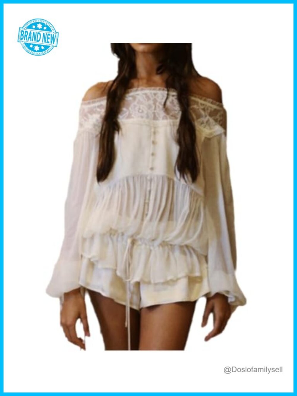 Women's 2 Piece Lace Trim Bell Sleeve Blouse & Shorts Set Vacation Outfit